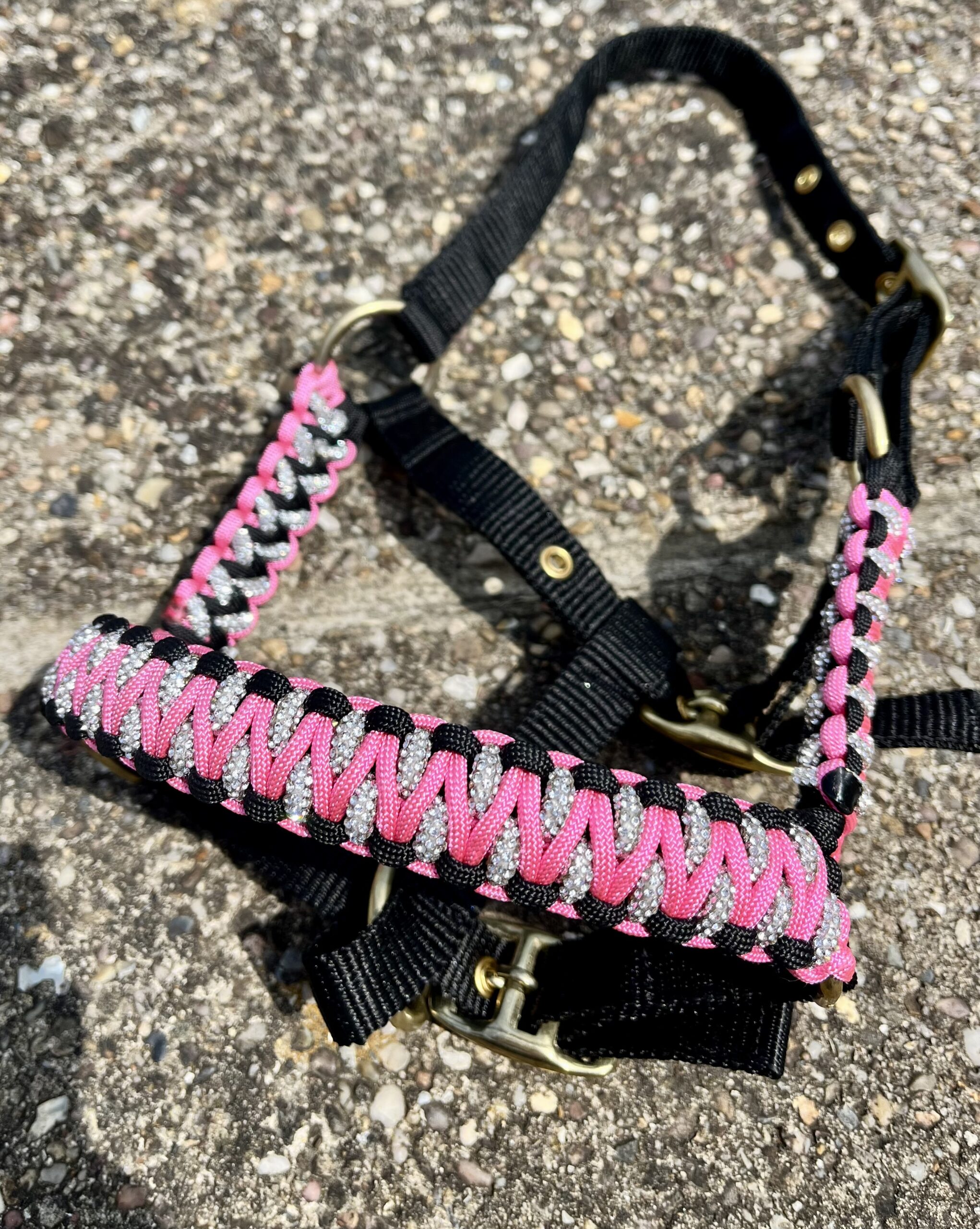 Personalised horse headcollar with sparkling diamante noseband, handmade UK
