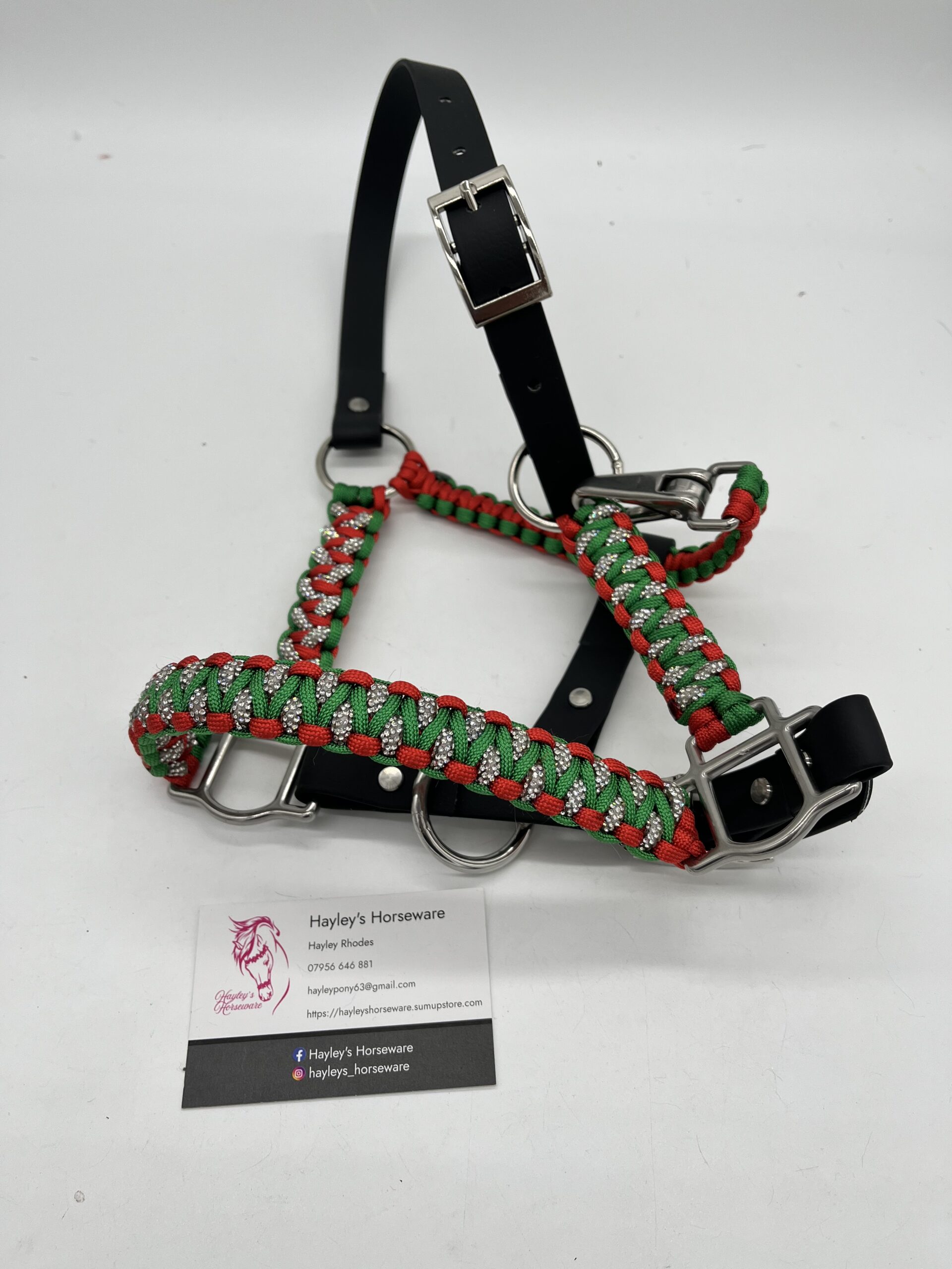 Diamante personalised horse headcollar sparkling with crystals, hand-braided handmade UK