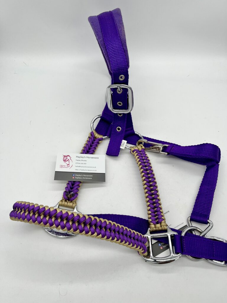 Purple and gold Sanctified Weave personalised horse headcollar, handmade UK