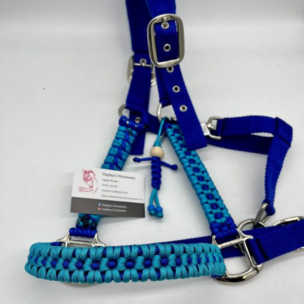 Royal blue and turquoise flower-pattern personalised horse headcollar, handmade UK