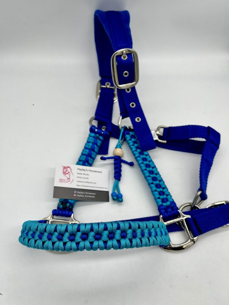 Royal blue and turquoise flower-pattern personalised horse headcollar, handmade UK