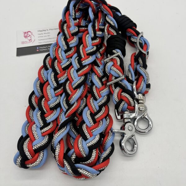 Custom horse reins with diamante crystal detail, hand-braided in the UK