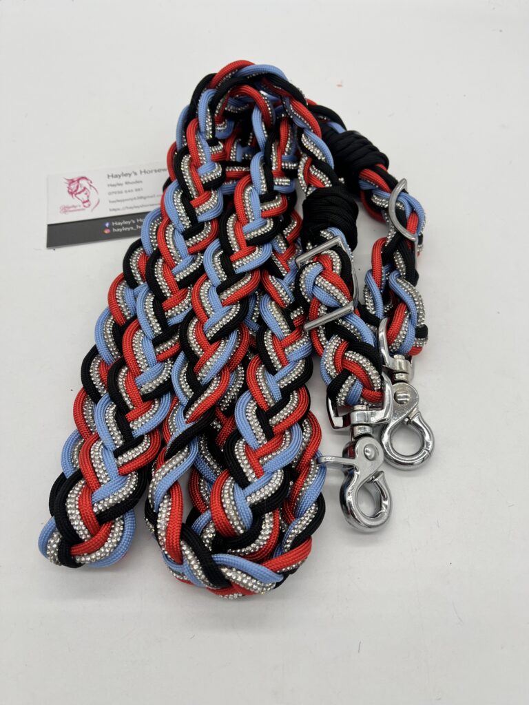 Custom horse reins with diamante crystal detail, hand-braided in the UK