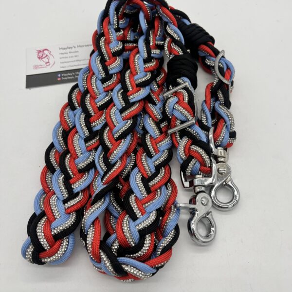 Custom horse reins with diamante crystal detail, hand-braided in the UK